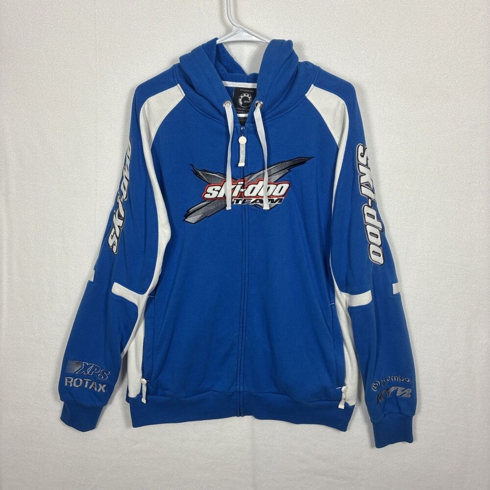 VTG Ski Doo Team BRP Hoodie Jacket Men's L Full Zip Blue Cream Y2K Snowmobile